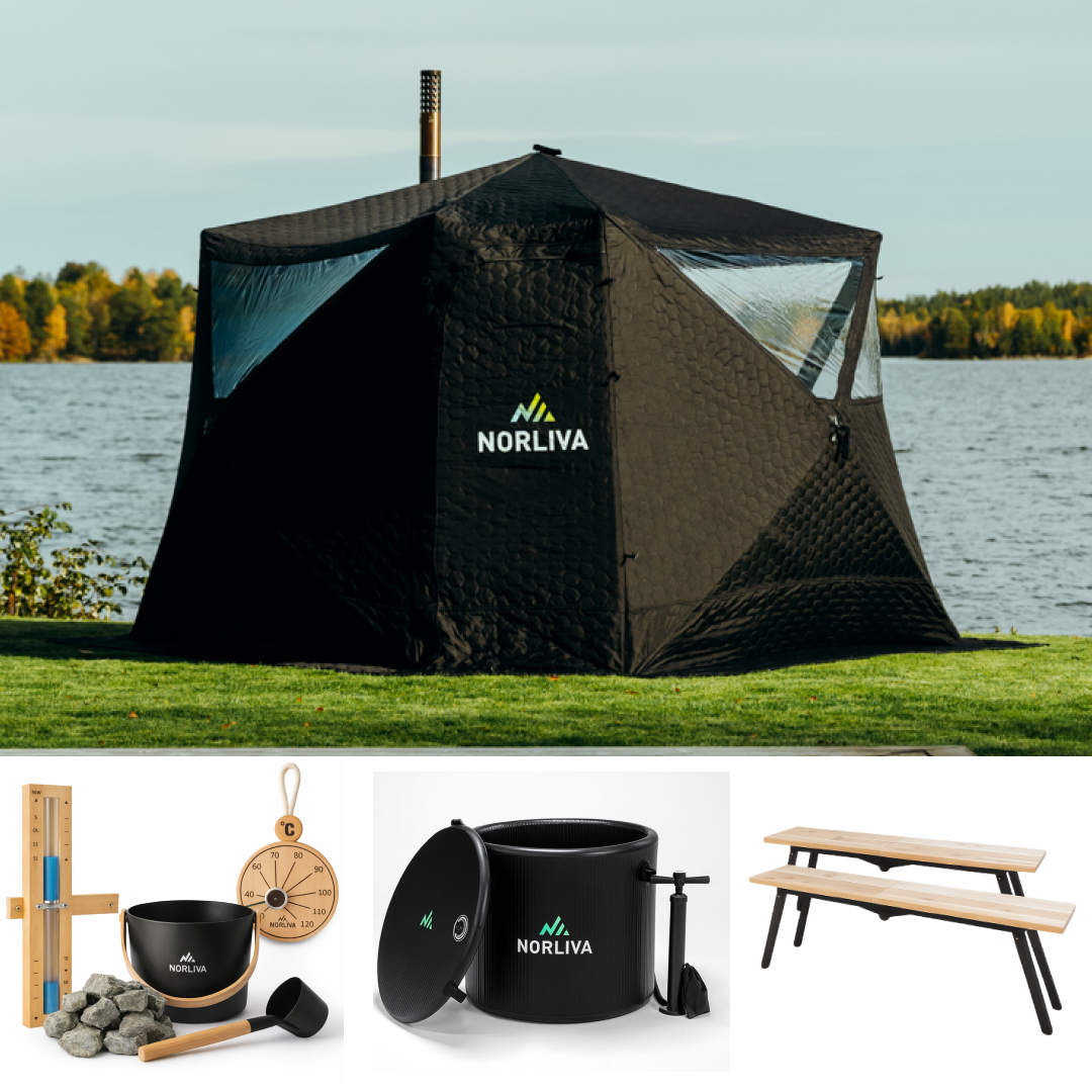 Ensemble : tente sauna Fjorden + poêle + accessoires sauna + bancs + baignoire glacée