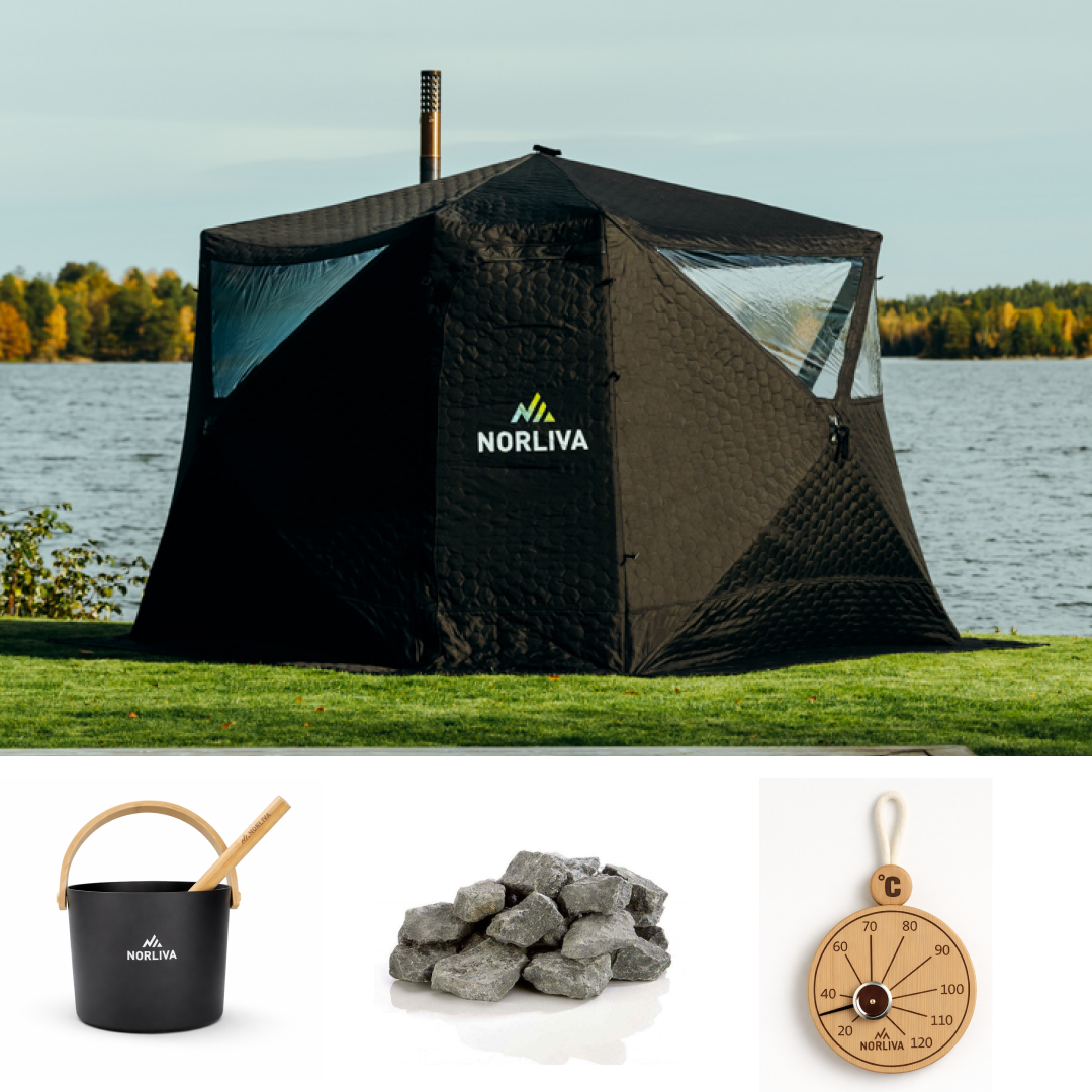 Set : tente-sauna Fjorden + poêle + accessoires de sauna