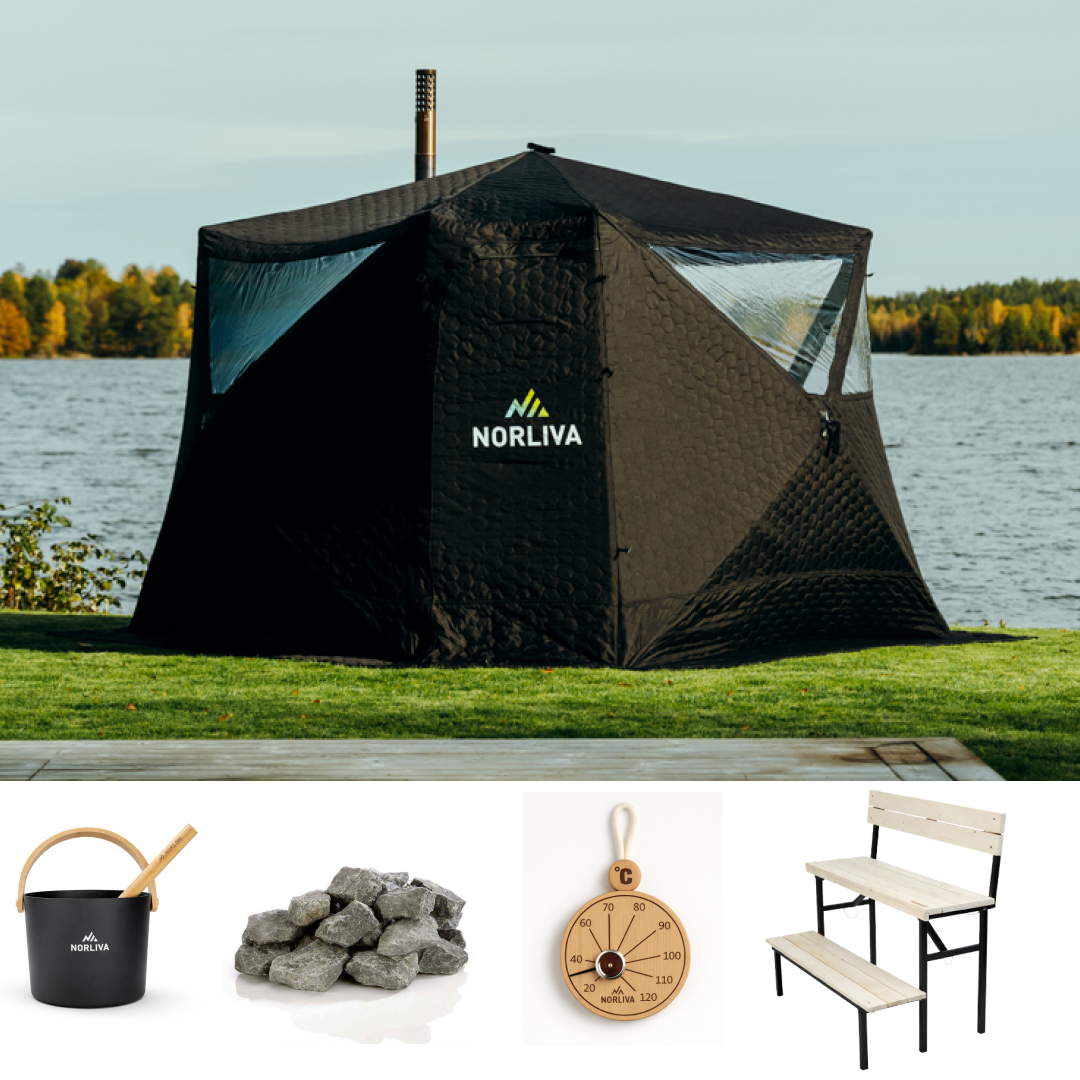 Set : tente sauna Fjorden + poêle + accessoires de sauna + banc à deux niveaux