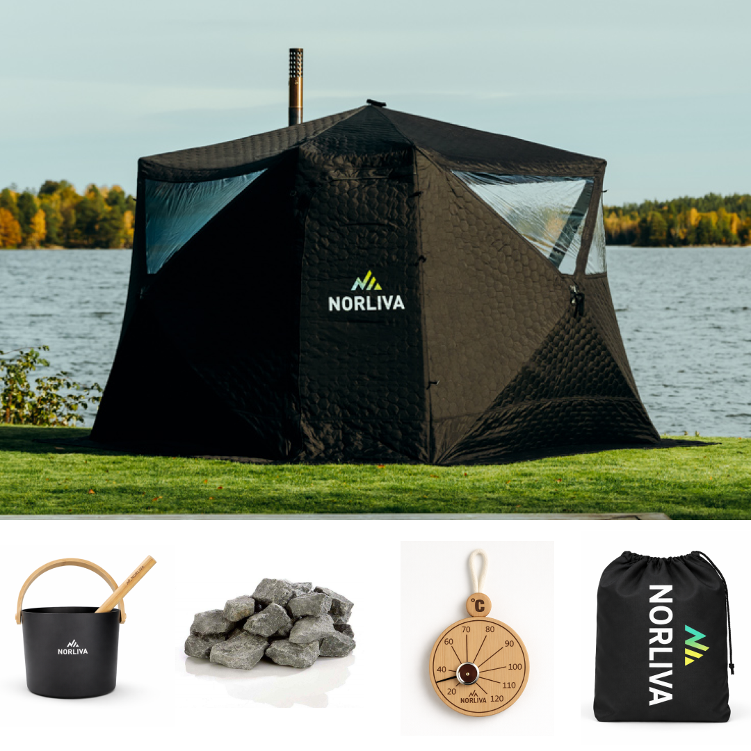Ensemble : tente sauna Fjorden + poêle + accessoires sauna + protection pluie