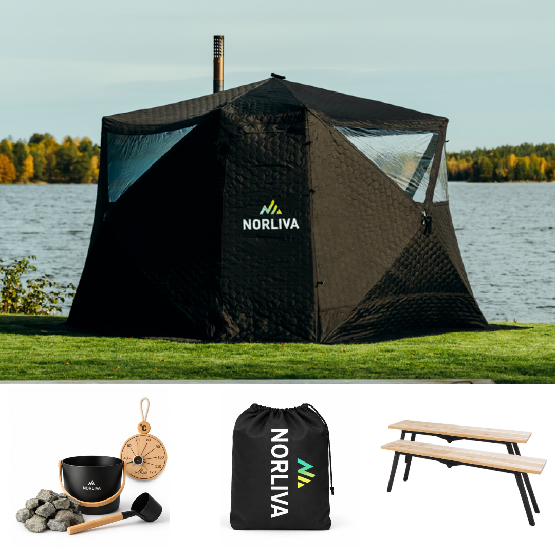 Set : tente de sauna Fjorden + poêle + accessoires de sauna + protection contre la pluie + bancs