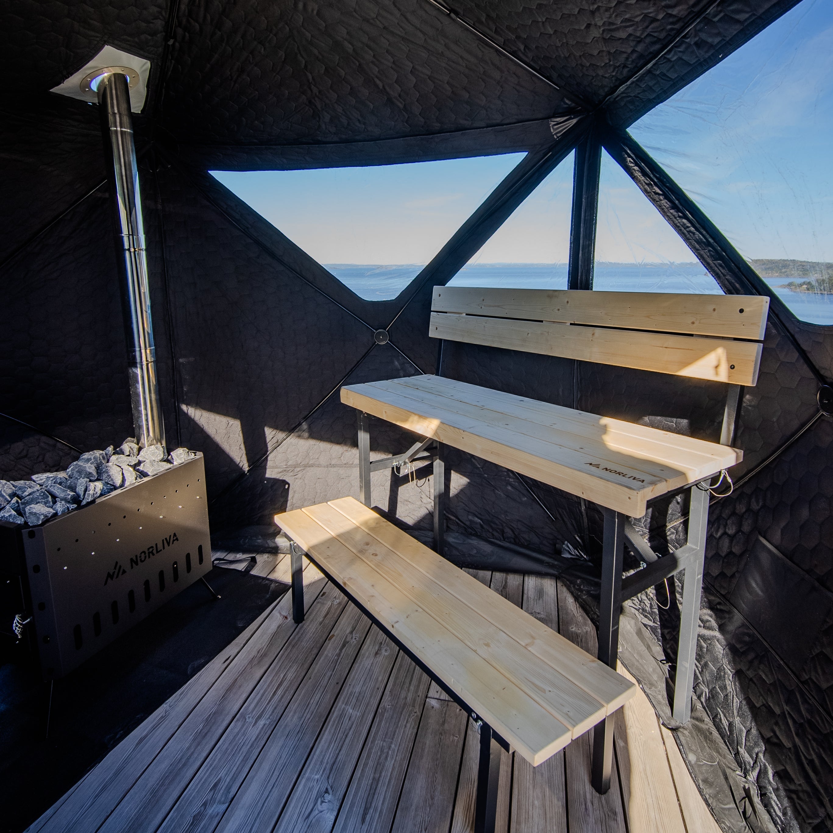 Set: Tente de sauna Dalen 3.0 + poêle + accessoires de sauna + housse de protection contre la pluie + banc à deux niveaux