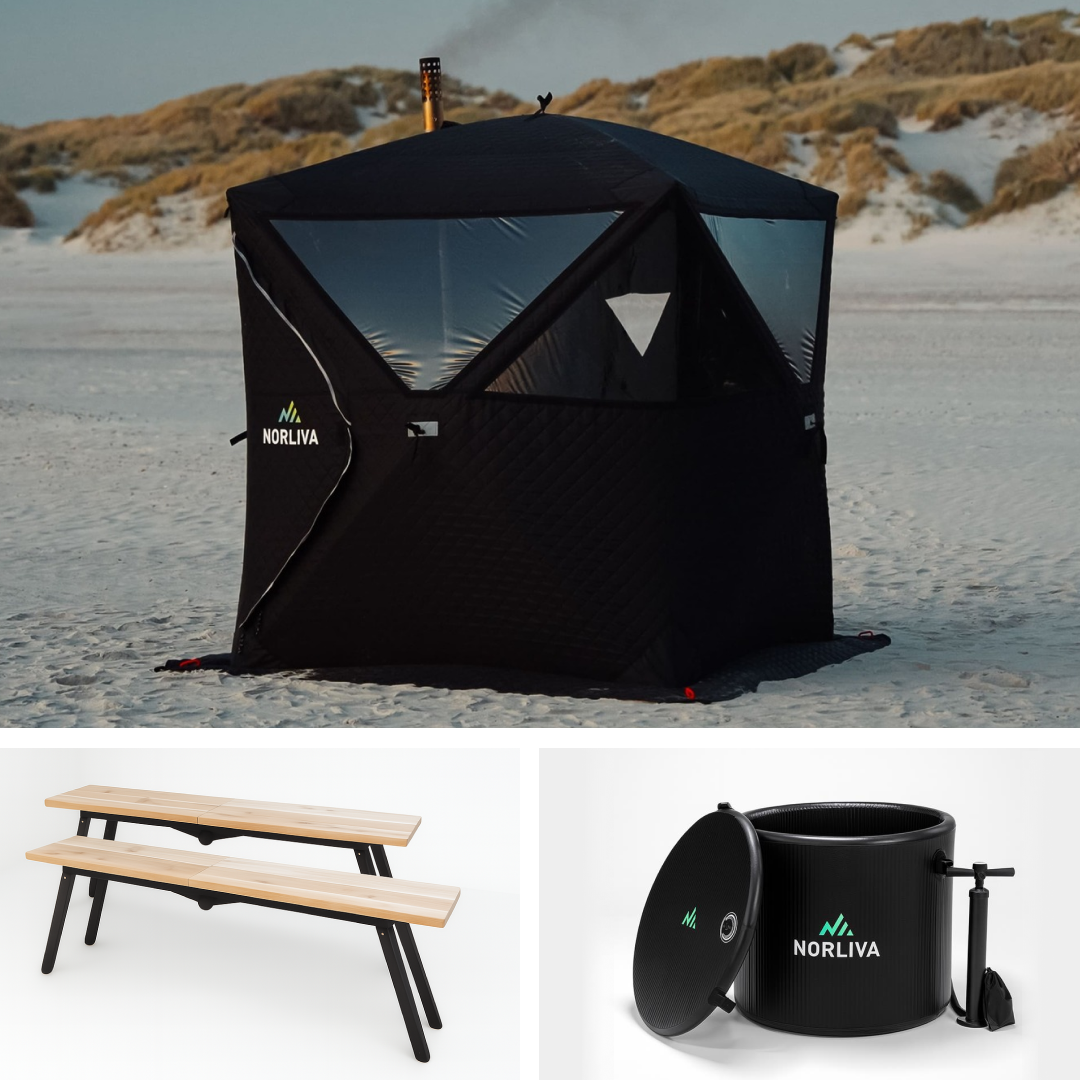 Ensemble : tente sauna Isen + poêle + bancs + tonneau à glace