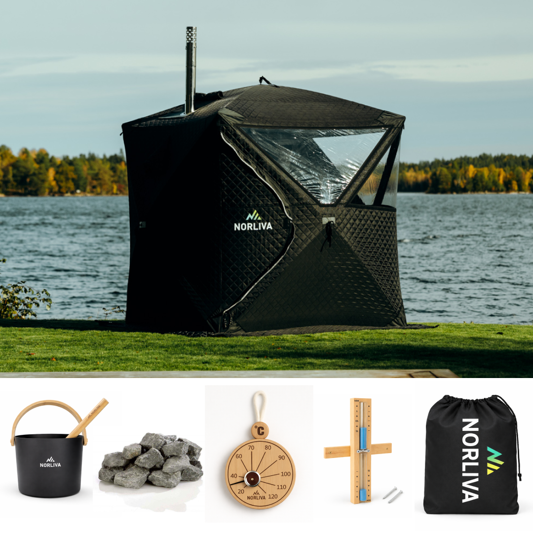 Set : tente de sauna Isen + poêle + accessoires de sauna + protection de pluie
