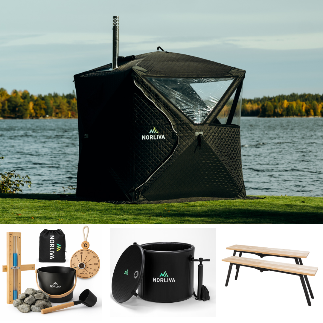Coffret : Tente de sauna Isen 2.0 + Poêle de sauna + Accessoires de sauna + Protection contre la pluie + Bancs de sauna + Tonne à glace