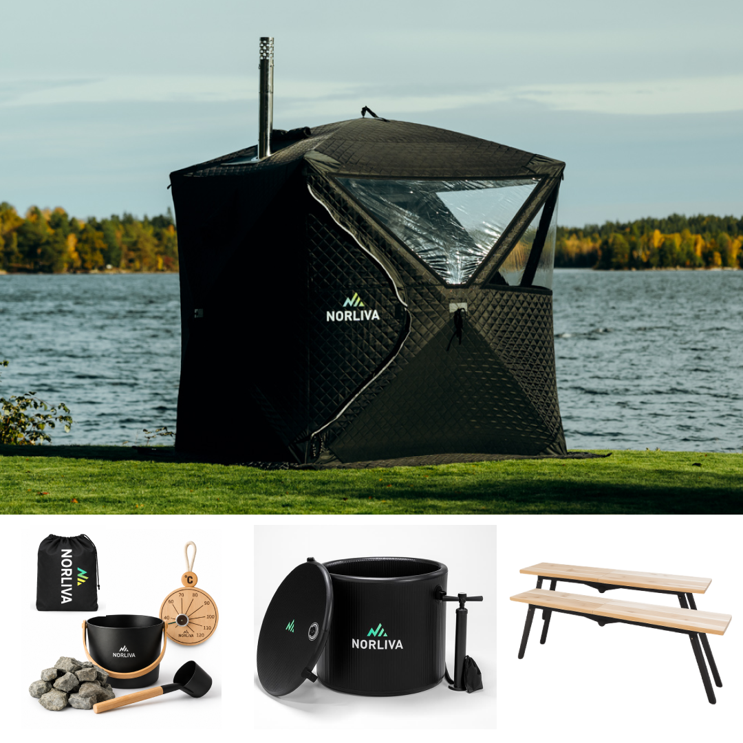 Ensemble : tente sauna Isen 3.0 + poêle + accessoires de sauna + protection contre la pluie + bancs + tonneau de glace