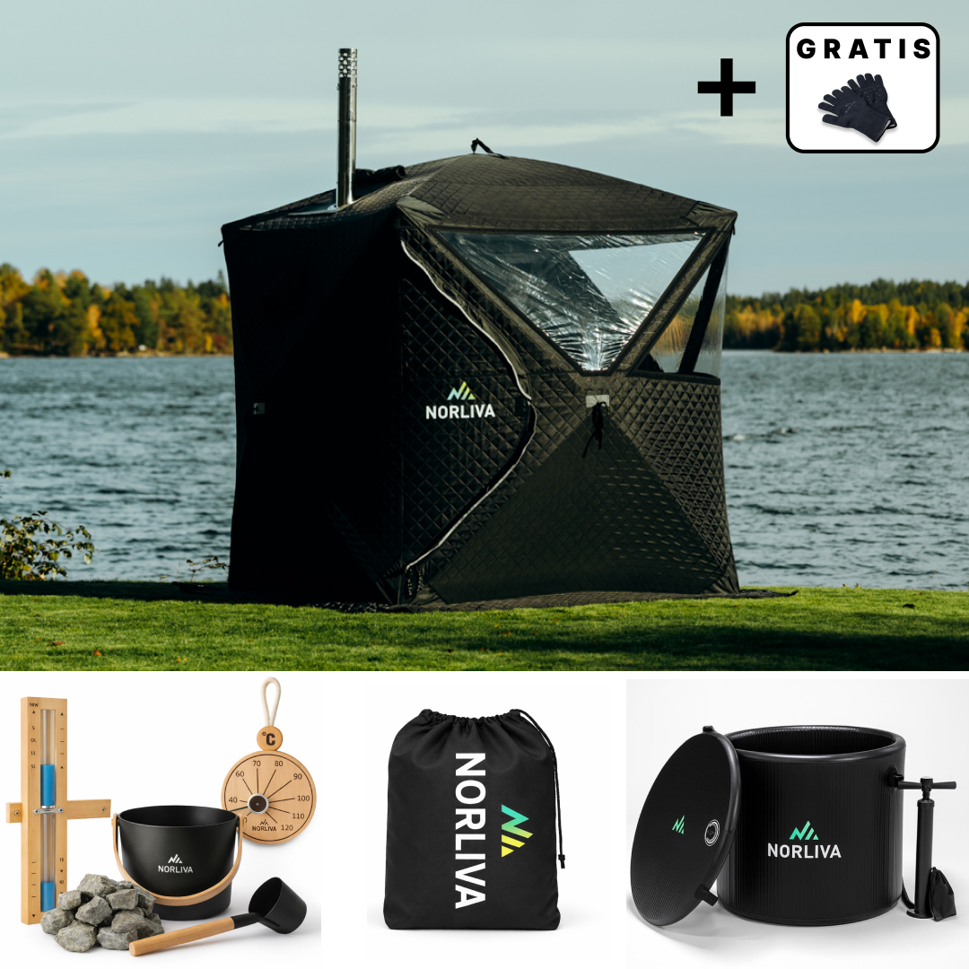 Set : tente de sauna Isen + poêle + accessoires de sauna + protection contre la pluie + tonne à glace