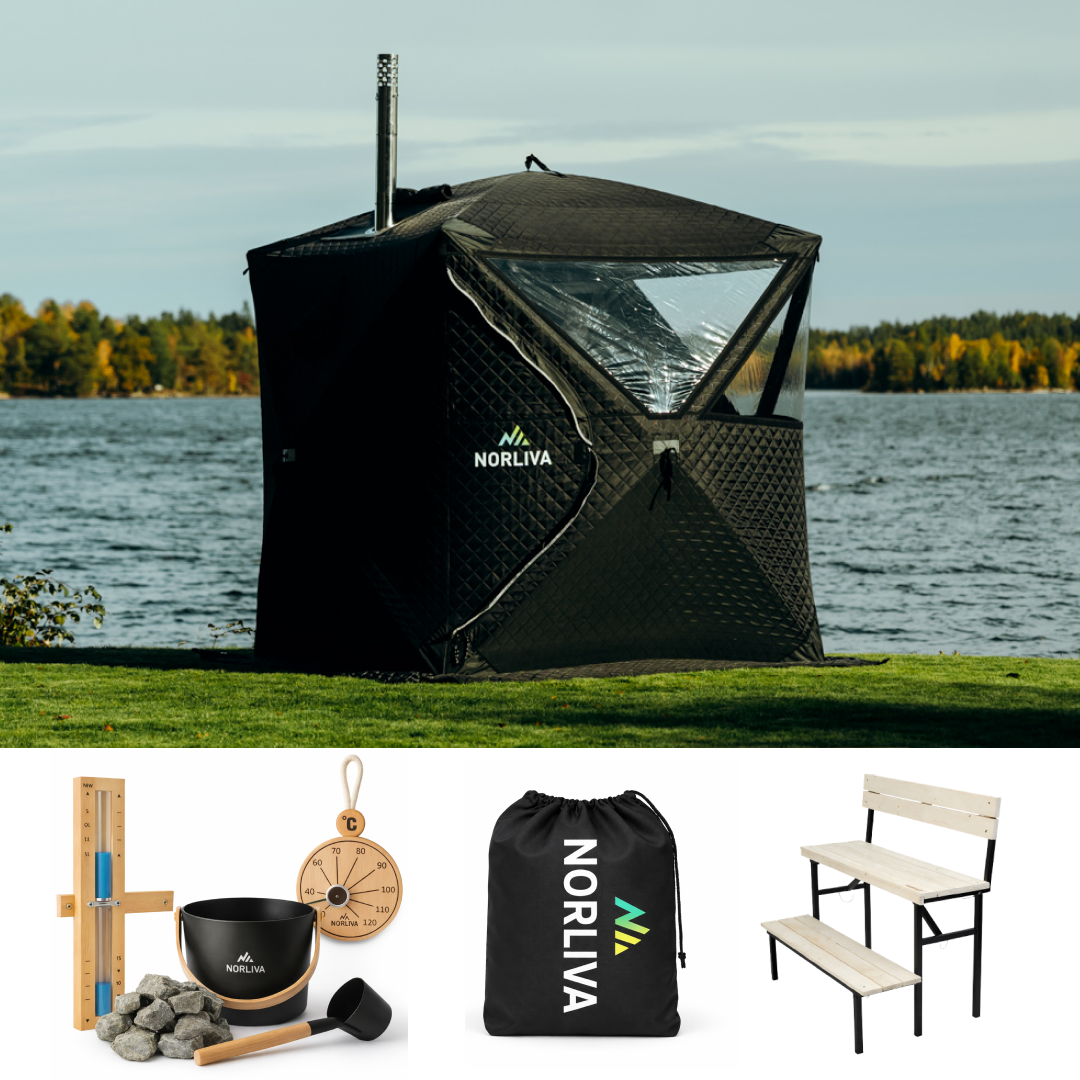 Ensemble : Tente de sauna Isen 2.0 + poêle à sauna + accessoires de sauna + protection contre la pluie + banc à deux niveaux