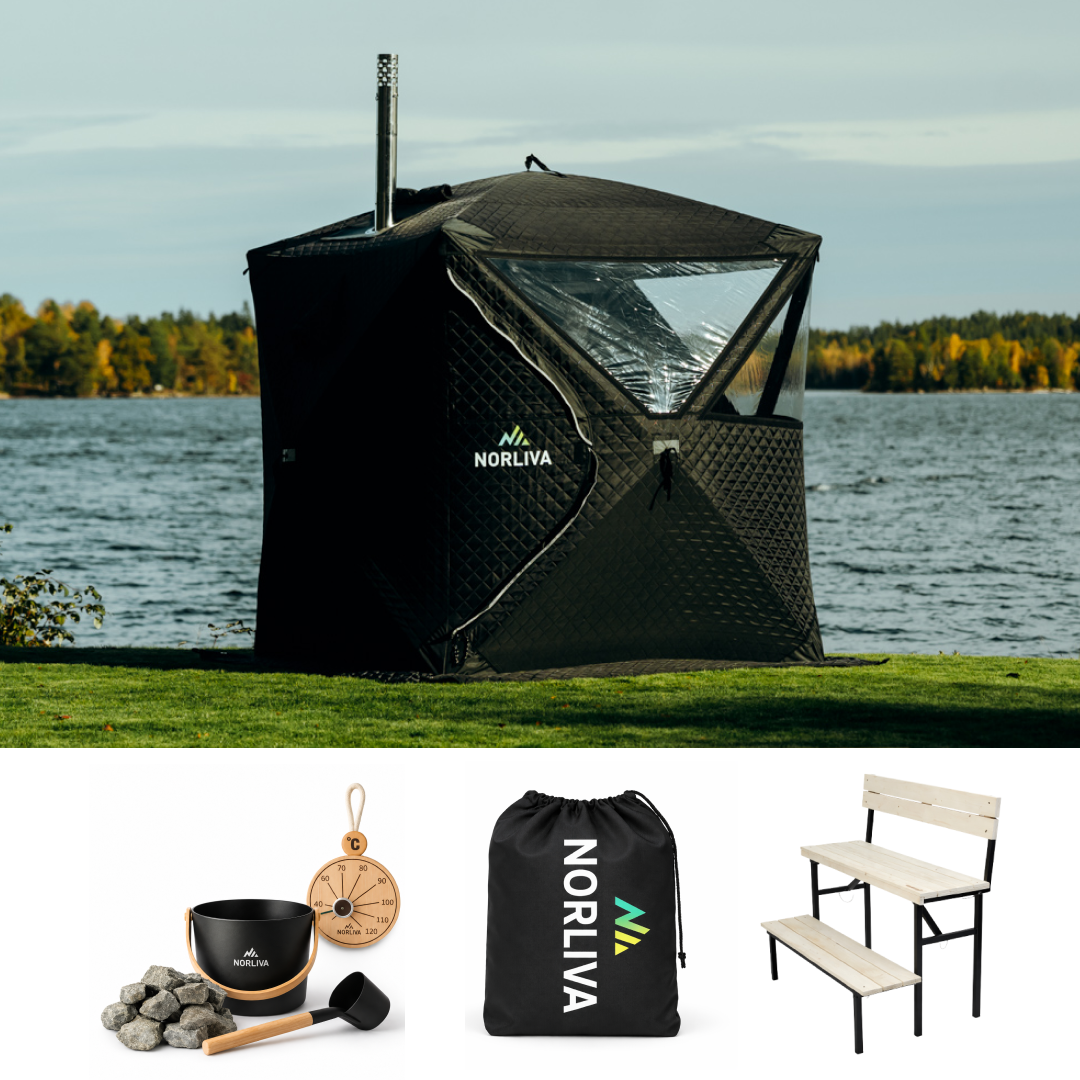 Ensemble : tente sauna Isen 3.0 + poêle + accessoires de sauna + protection contre la pluie + banc à deux niveaux