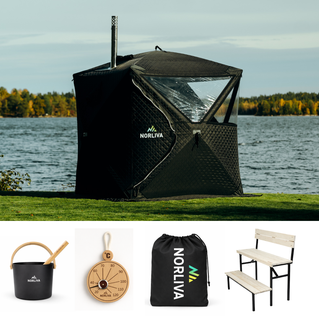 Ensemble : tente sauna Isen 3.0 + poêle + accessoires de sauna + protection contre la pluie + banc à deux niveaux