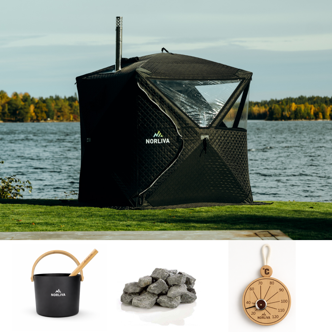 Ensemble : tente sauna Isen 3.0 + poêle + accessoires de sauna