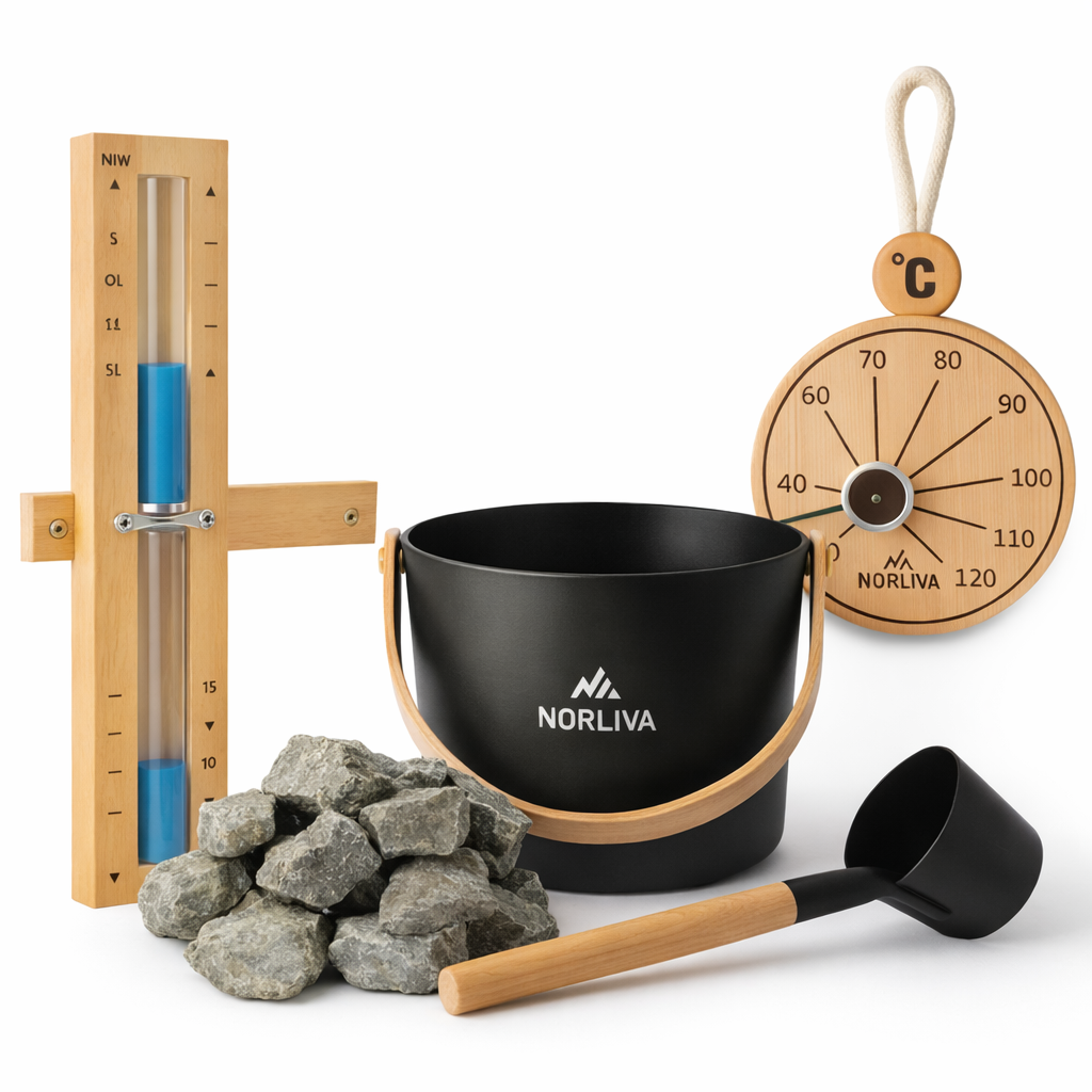 Accessoires de sauna : pierres de sauna, seau de sauna + louche, thermomètre, sablier de sauna