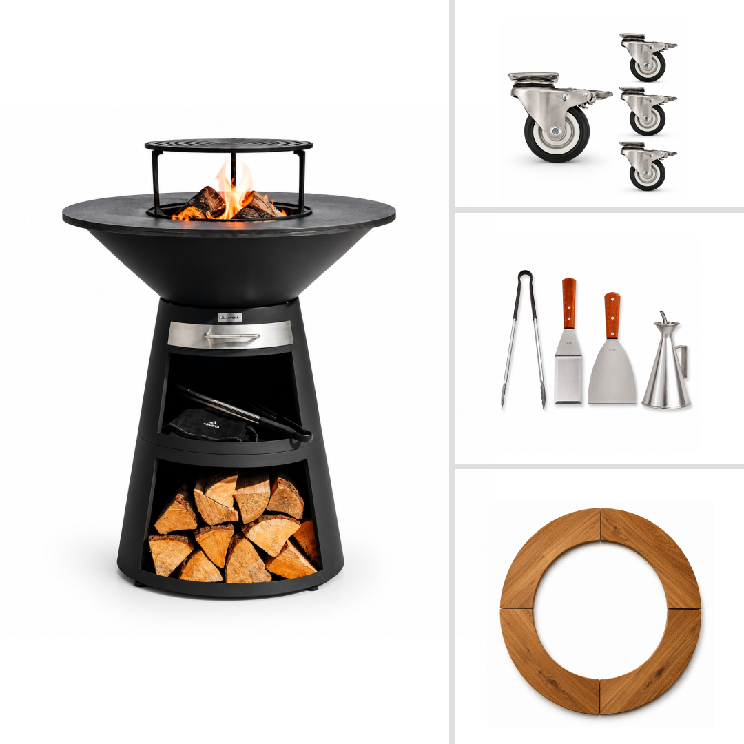 Ensemble : gril plancha à feu Aska + accessoires de barbecue + roulettes + bordure en bois en 4 pièces